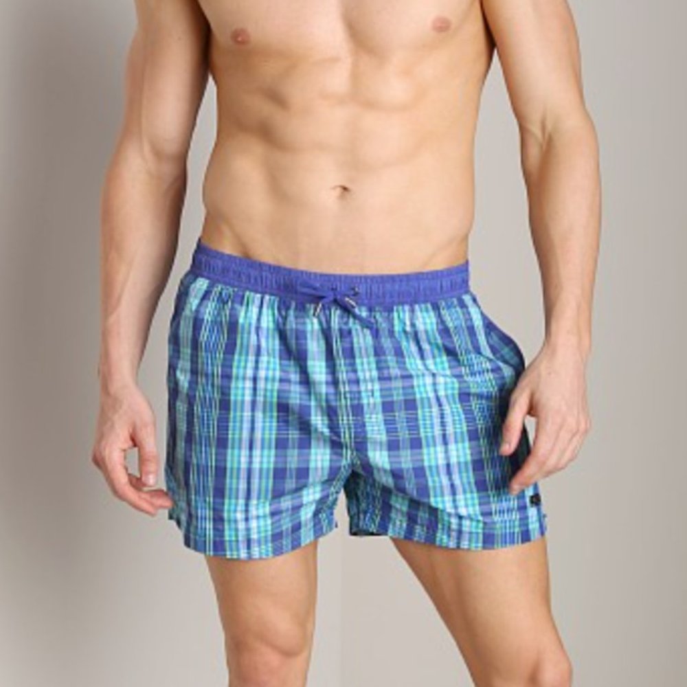 Boss Hugo Boss blue and green plaid catshark swim trunks